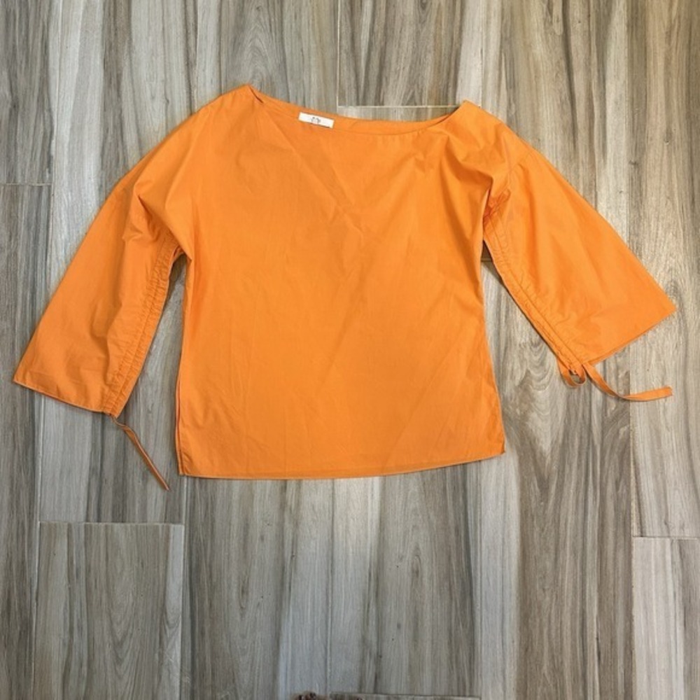 Tibi Top M Drawstring Sleeve Split Hem Tunic Cotton‎ Asymmetrical Boat Neck